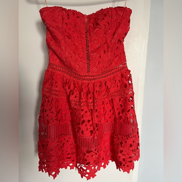 Crochet floral embroidered strapless flare dress Romeo+Juliet XS coral red - Picture 1 of 10